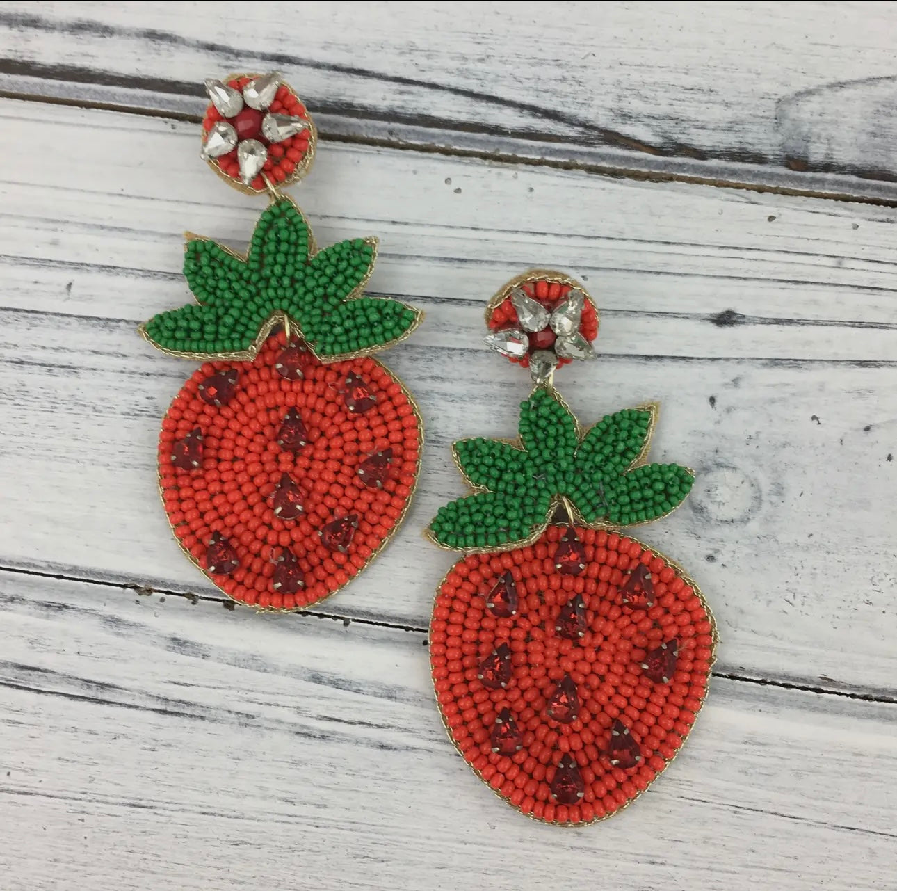 Beaded Strawberry with rhinestones Earrings