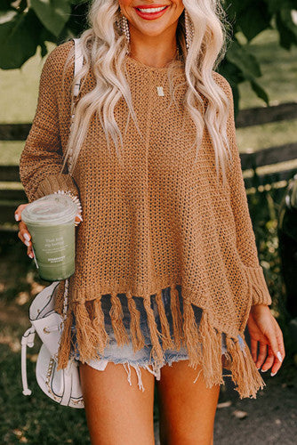 Camel Tasseled Hem Knot Baggy Sweater