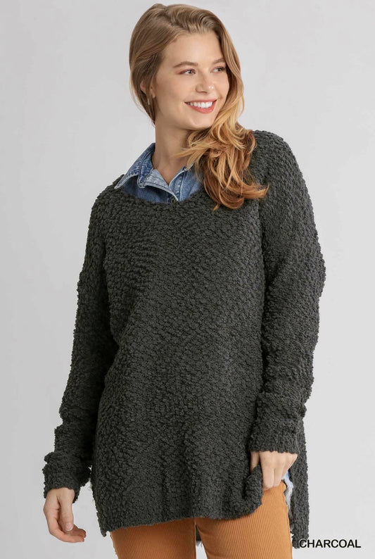 Long Sleeve V-Neck Soft Knit Pullover Sweater with Side Slits