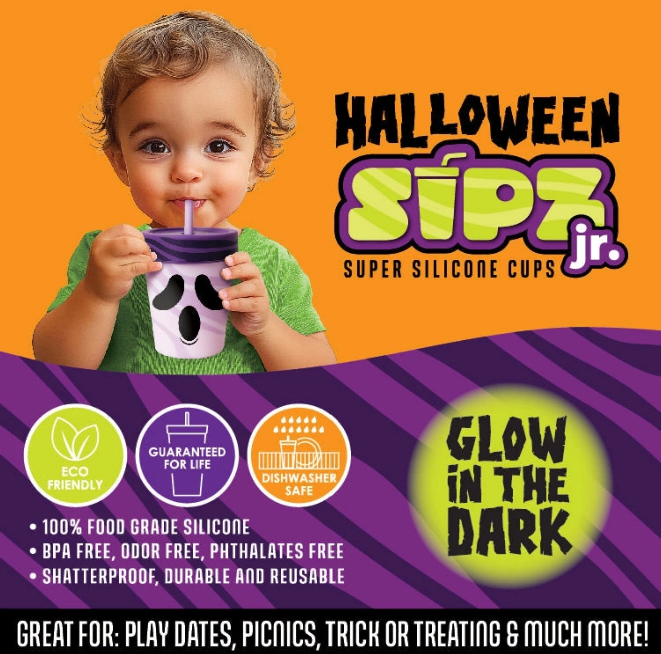 Assorted Halloween 8 ounce silicone kids cup with lid & straw