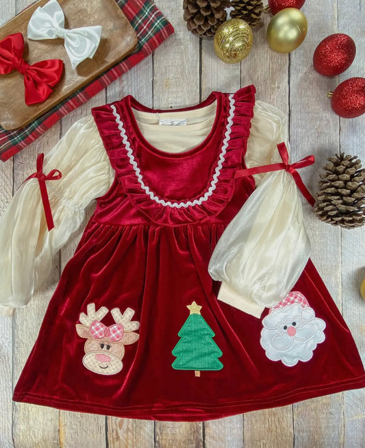 Jolly Red Velvet Christmas Smocked Dress