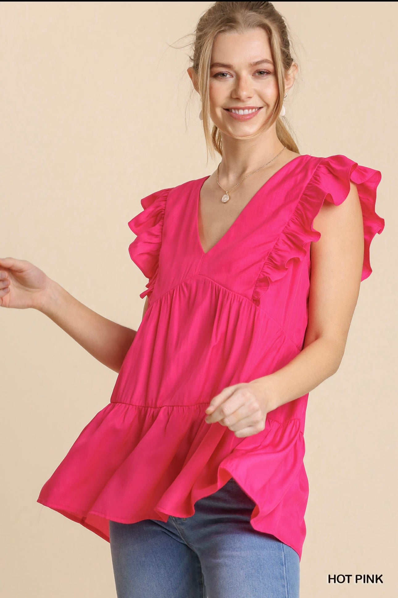 V-Neck Tiered Ruffle Sleeves Babydoll Top with Floral Print Trim