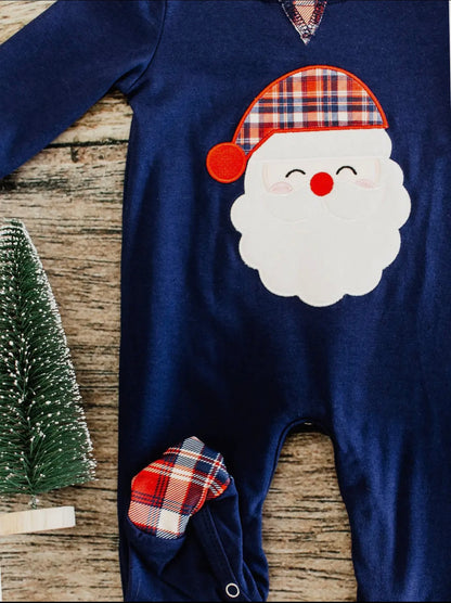 Navy Plaid Santa Christmas Onesies