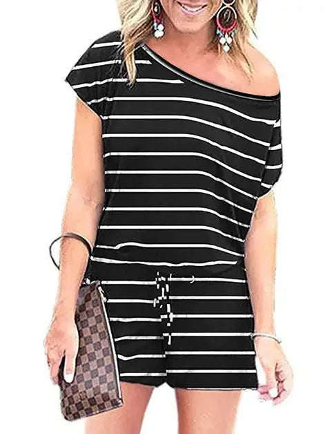Striped Short Sleeve Drawstring Waist Romper