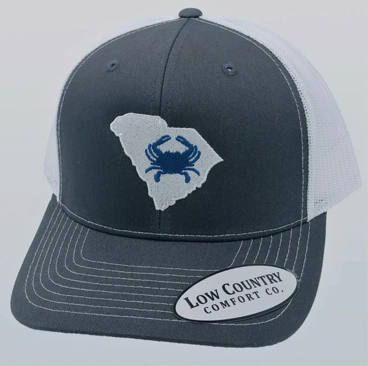 South Carolina Outline with Blue Crab Charcoal Grey & White Hat