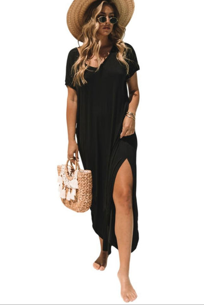 Hidden Pocket V Neck Casual Slit Maxi Dress