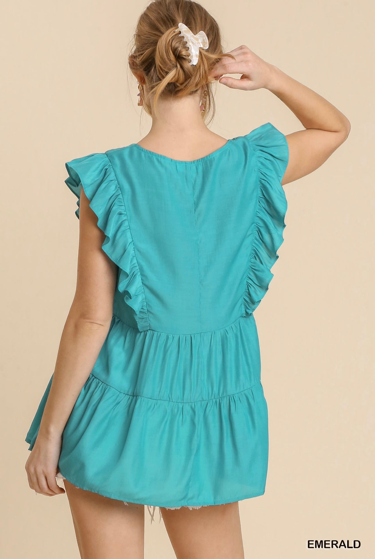 V-Neck Tiered Ruffle Sleeves Babydoll Top with Floral Print Trim