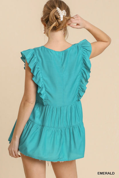 V-Neck Tiered Ruffle Sleeves Babydoll Top with Floral Print Trim