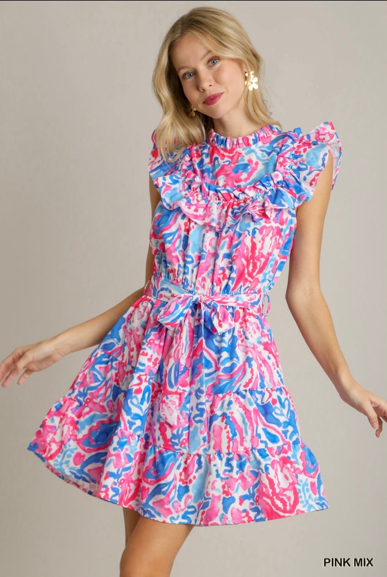 Two Tone Watercolor Print Dress with Waist Belt Tie & Ruffle Details