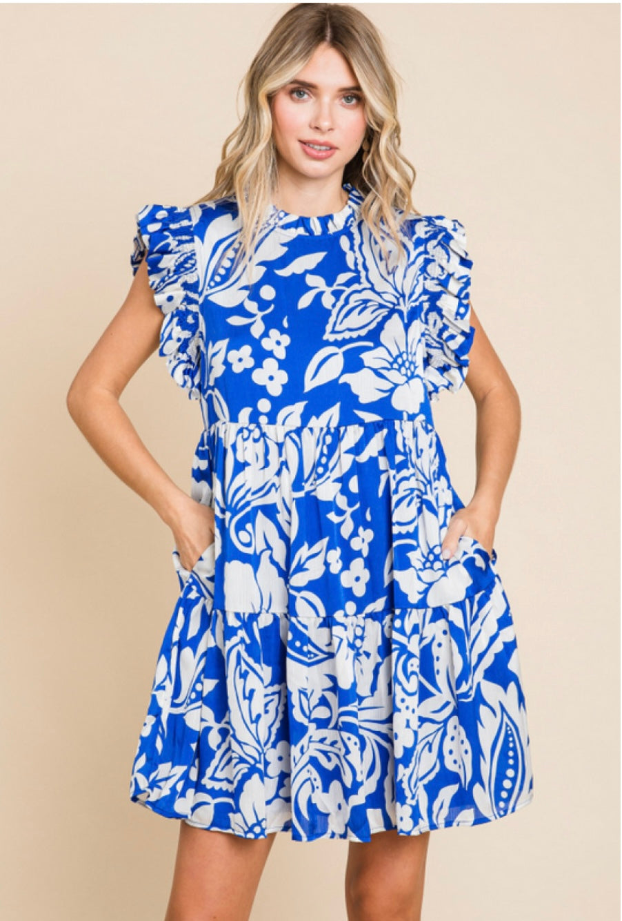 Blue & White Plant Print Frilled Neck Dress