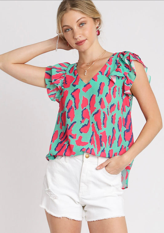 Mint Abstract Print V-Neck Top with Double Layer Ruffle Sleeves