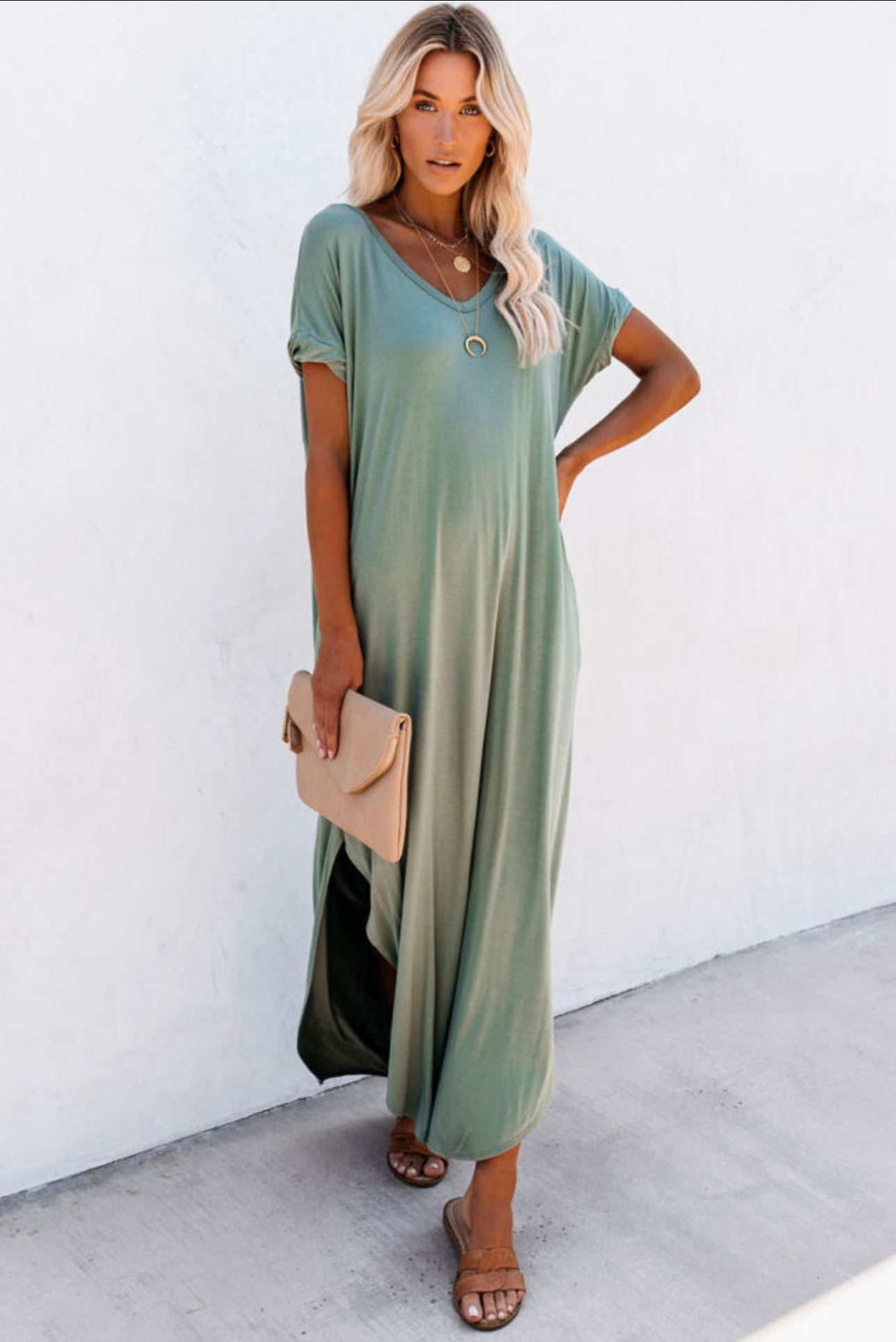Hidden Pocket V Neck Casual Slit Maxi Dress