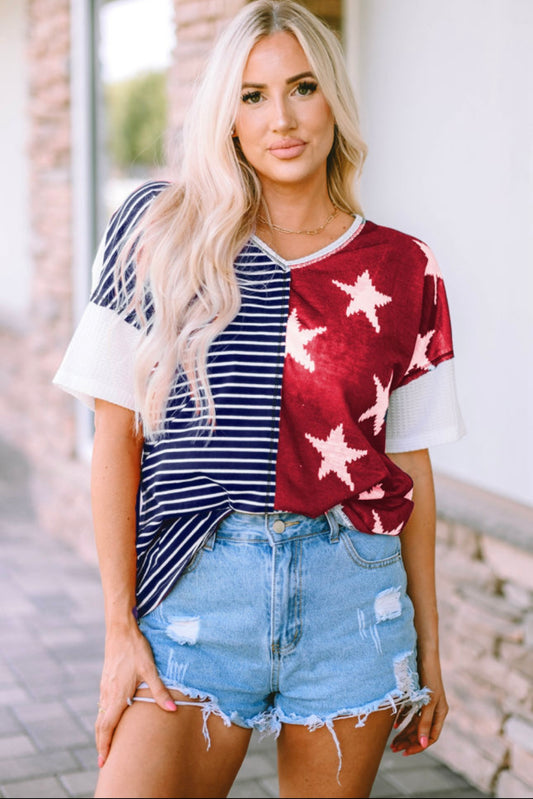 Blue Stripes Stars Print Knit Short Sleeve Top