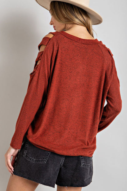 Reddish Orange Cold Shoulder Long Sleeve Top