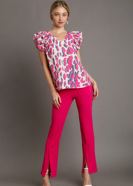 Cream Abstract Print V-Neck Top with Double Layer Ruffle Sleeves