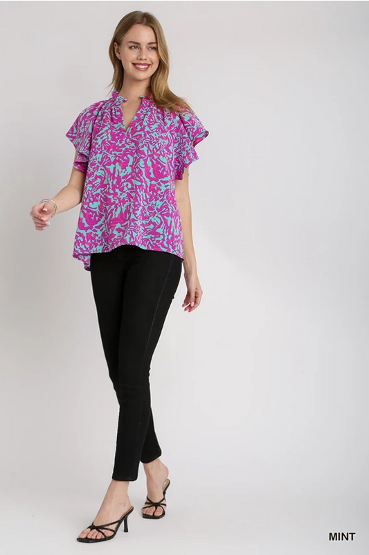 Two Tone Abstract Print Top with Raglan Ruffle Sleeve, Split Ruffle Neck