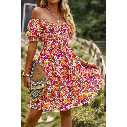 Floral Print Off Shoulder Flounce Sleeve Ruffle Hem Dress