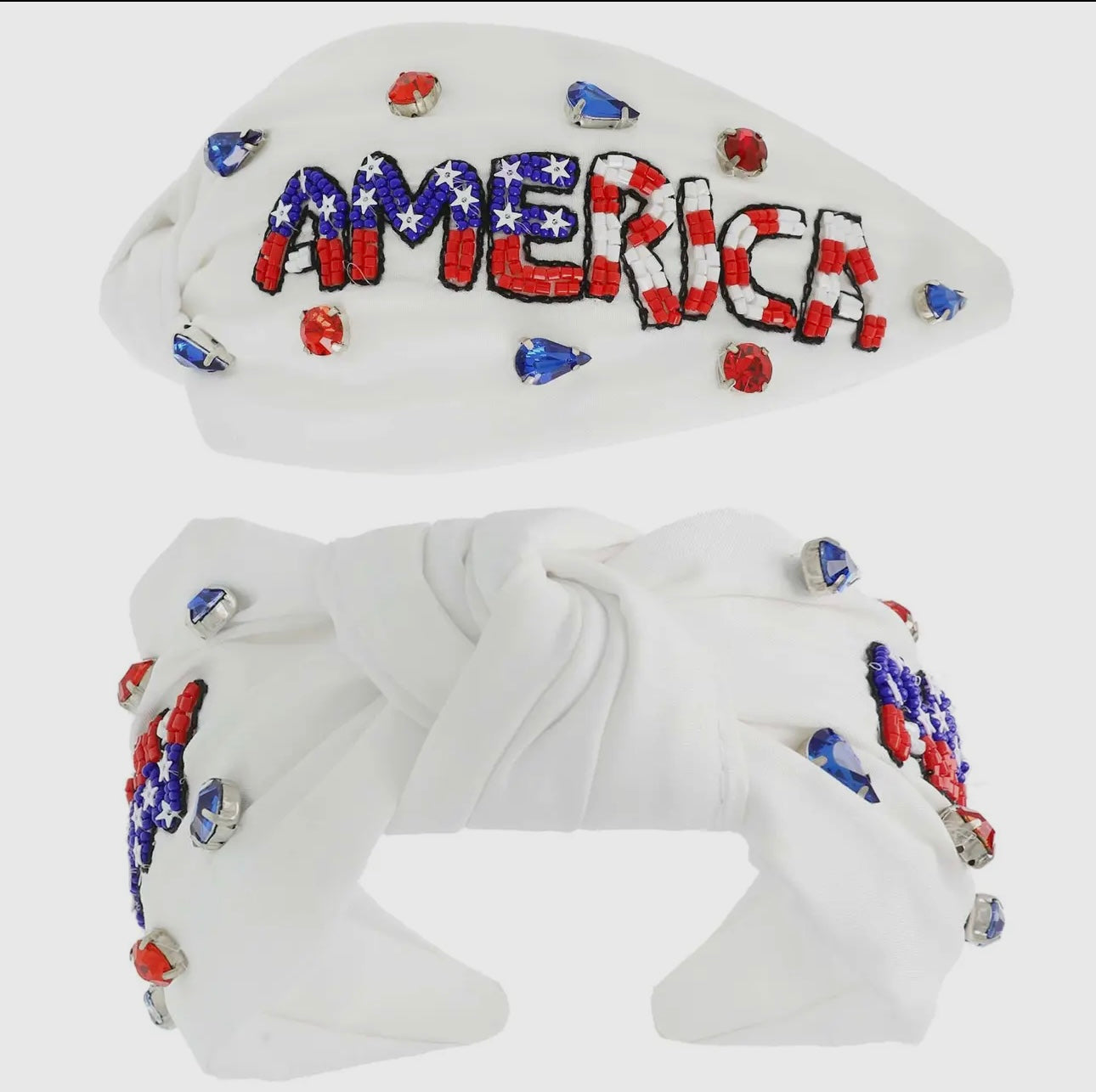 White Patriotic America Beaded Lettering Headband
