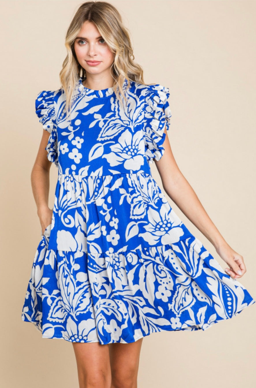 Blue & White Plant Print Frilled Neck Dress