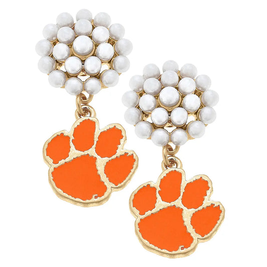 Clemson Tigers Pearl Cluster Enamel Drop Earrings in orange