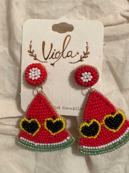 Mini Slice of Watermelon Shaped Earrings with Heart Shades