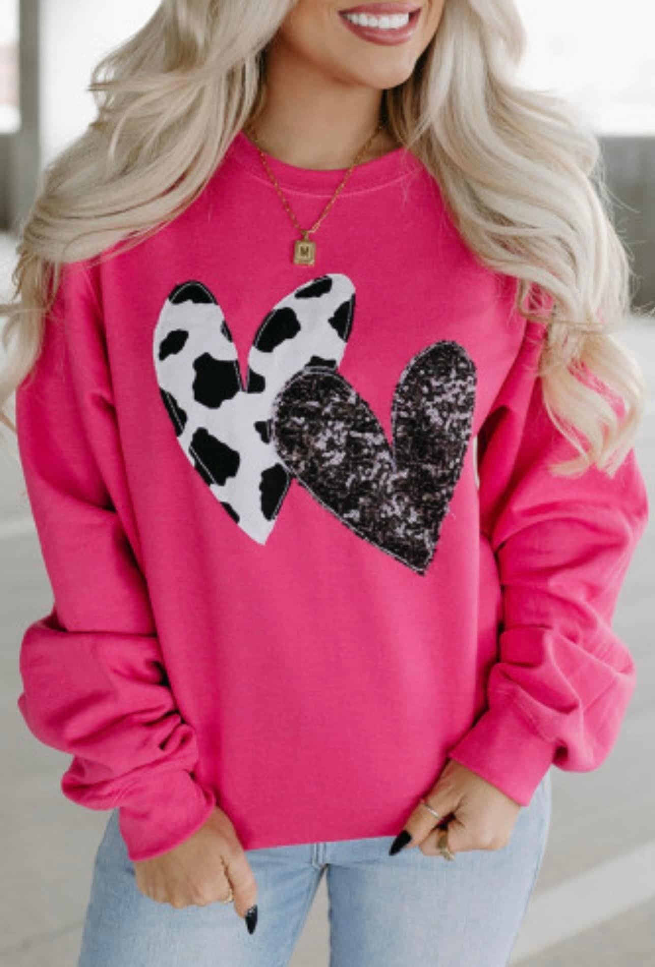 Strawberry Pink Cow & Sequin Double Heart Patch Graphic Sweatshirt