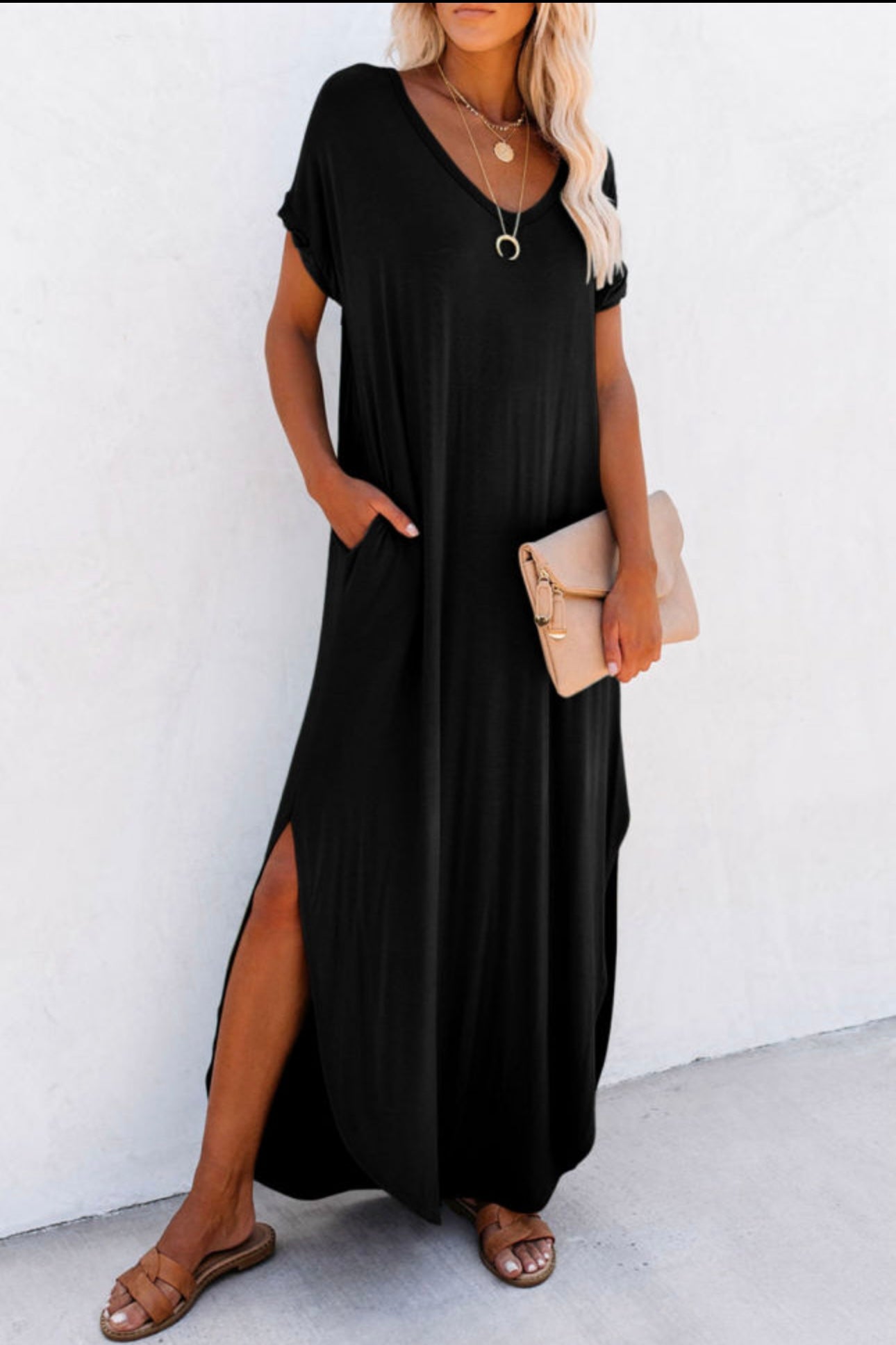 Hidden Pocket V Neck Casual Slit Maxi Dress
