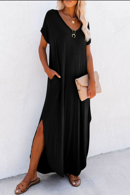 Hidden Pocket V Neck Casual Slit Maxi Dress