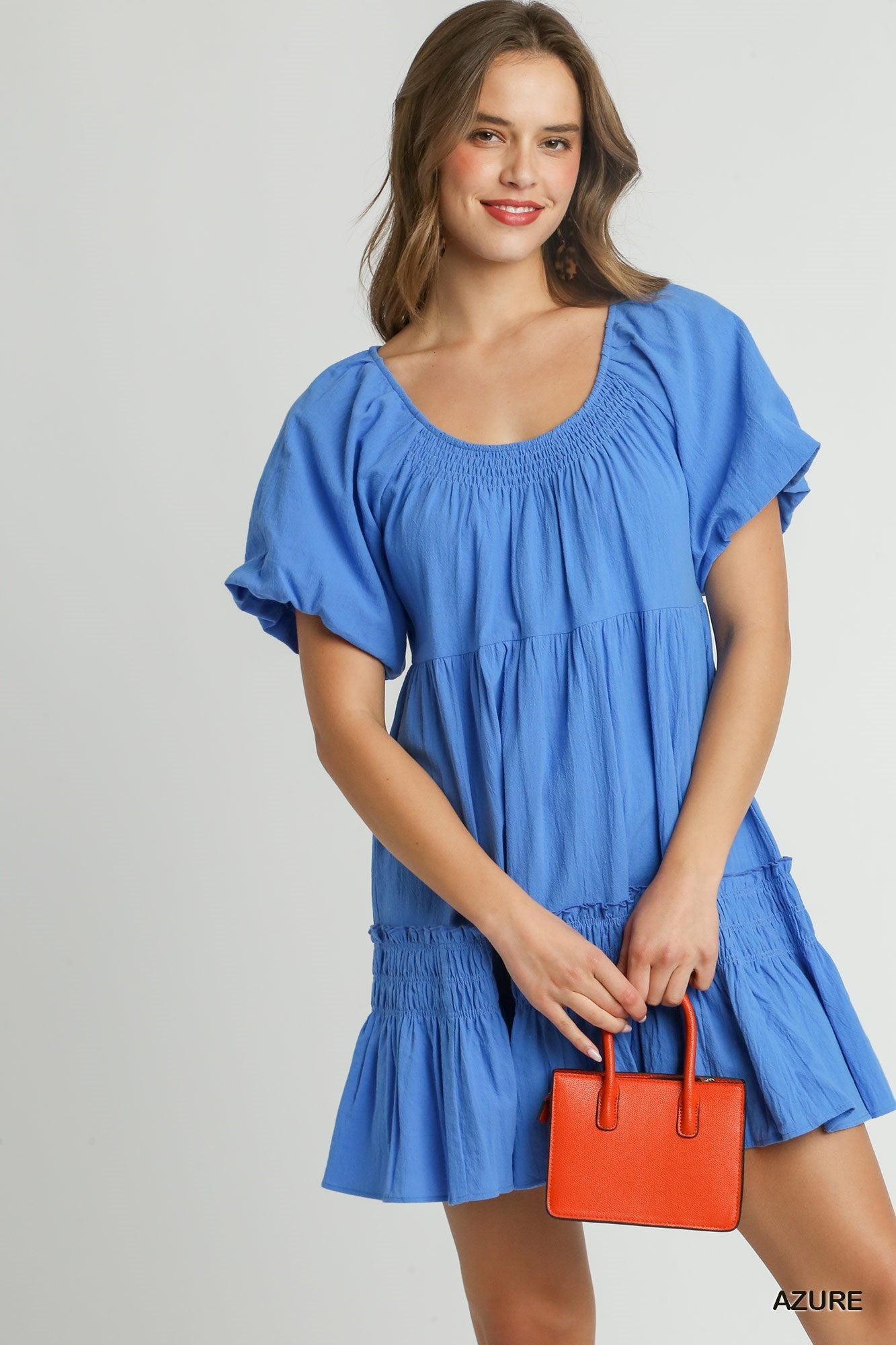 Round Neck Cotton Pleated Dress with Smocked Detail & Puff Short Sleeve