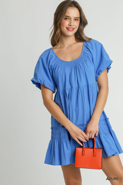 Round Neck Cotton Pleated Dress with Smocked Detail & Puff Short Sleeve