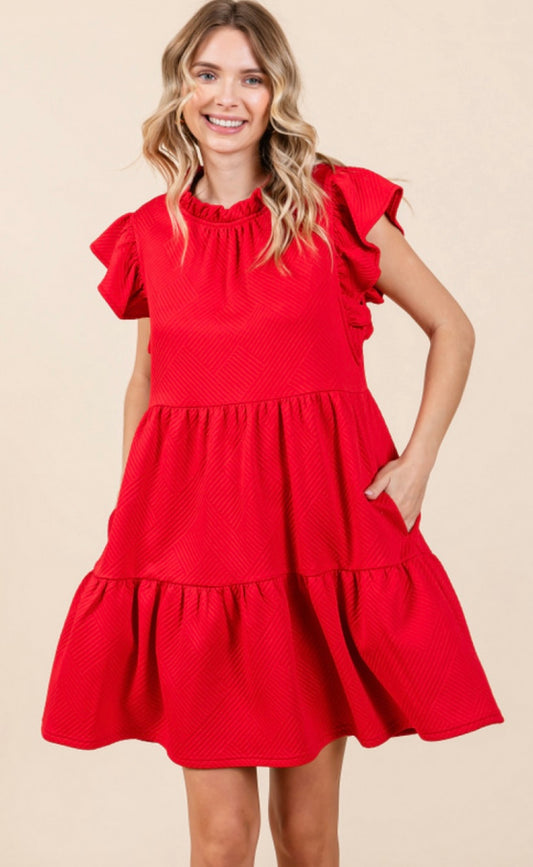 Textured Dress with a Frilled Neck