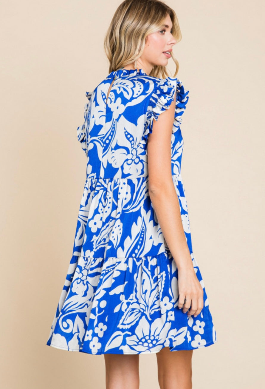 Blue & White Plant Print Frilled Neck Dress