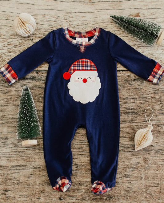 Navy Plaid Santa Christmas Onesies