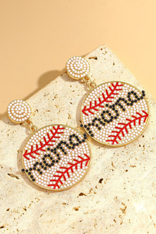 White Crystal Mama Beaded Baseball Earrings
