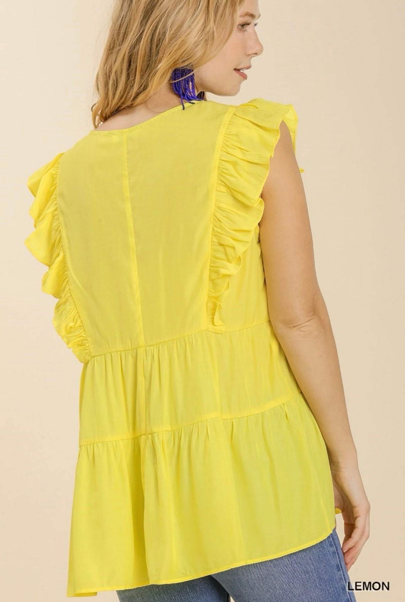 V-Neck Tiered Ruffle Sleeves Babydoll Top with Floral Print Trim