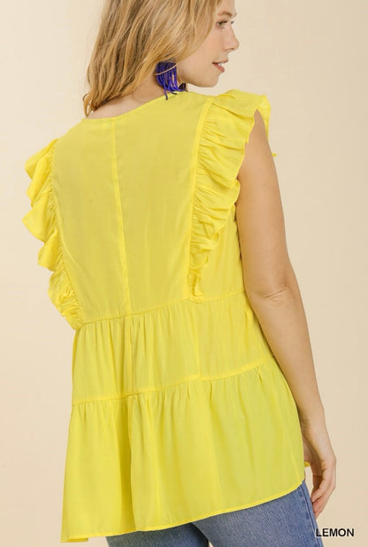 V-Neck Tiered Ruffle Sleeves Babydoll Top with Floral Print Trim