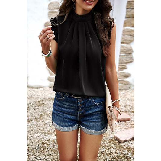 Black Solid Frill Trim Mock Neck Sleeveless Tunic Blouse