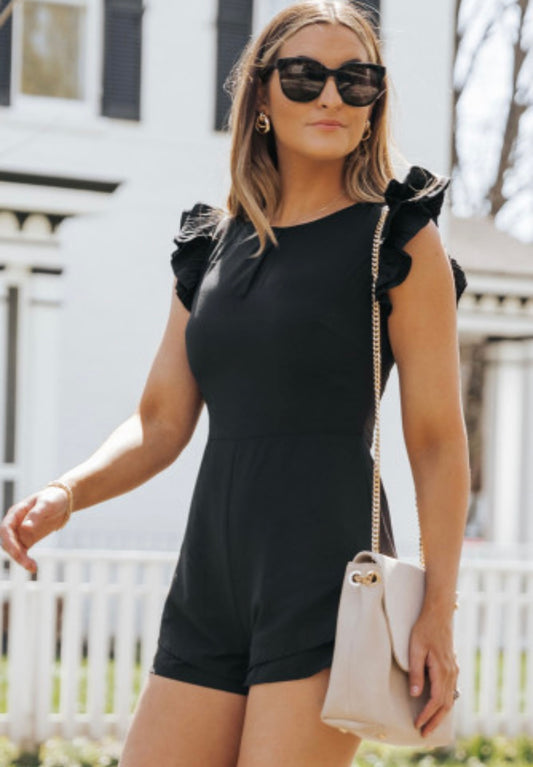Black Ruffle Sleeves Solid Romper