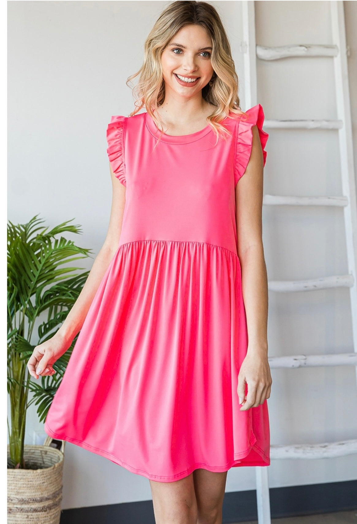 Solid Sleeveless Babydoll Dress Ruffle Shoulders