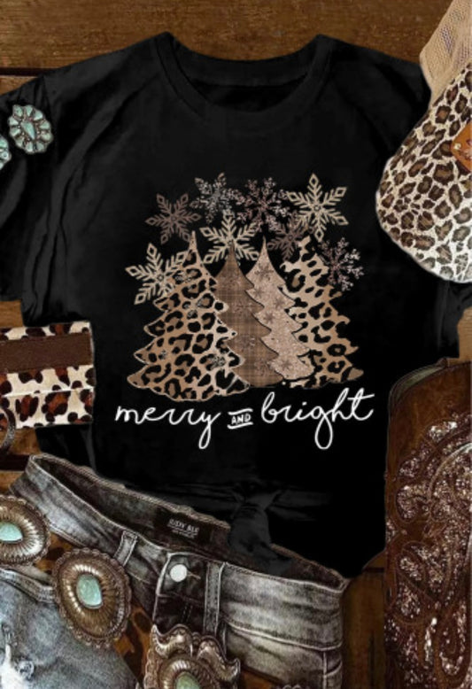 Black Leopard Christmas Tree Crew Neck Graphic T-Shirt