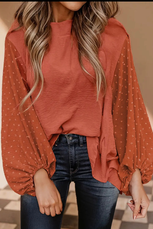 Swiss Dot Balloon Sleeve Loose Blouse