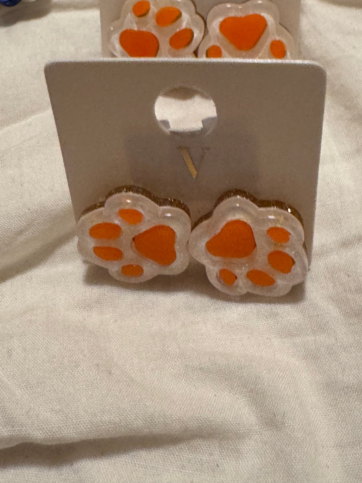 White & Orange Paw Print Stud Earrings