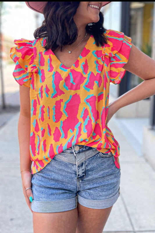 Orange Colorblock Abstract Print V Neck Ruffled Sleeve Blouse