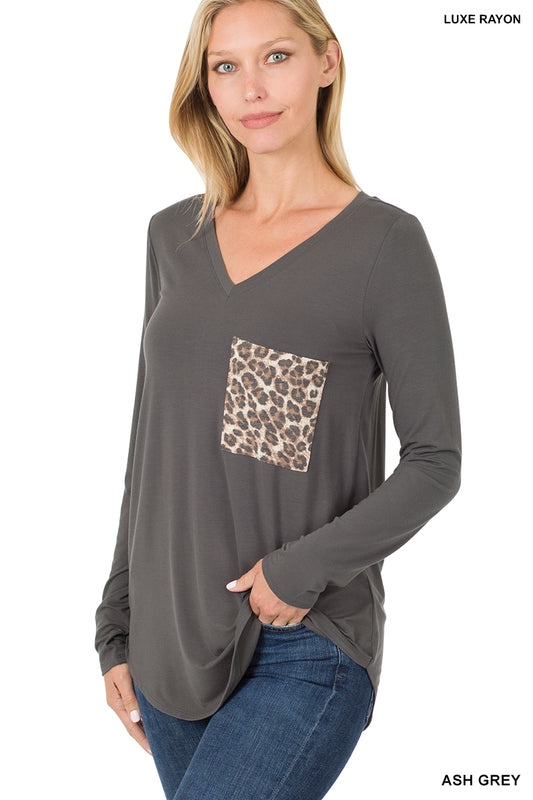LUXE RAYON LONG SLEEVE V-NECK LEOPARD POCKET TOP