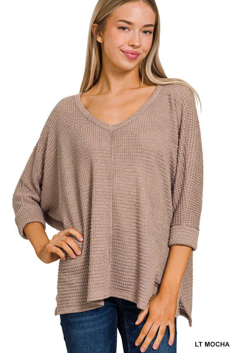 3/4 SLEEVE V-NECK HI-LOW HEM JACQUARD SWEATER