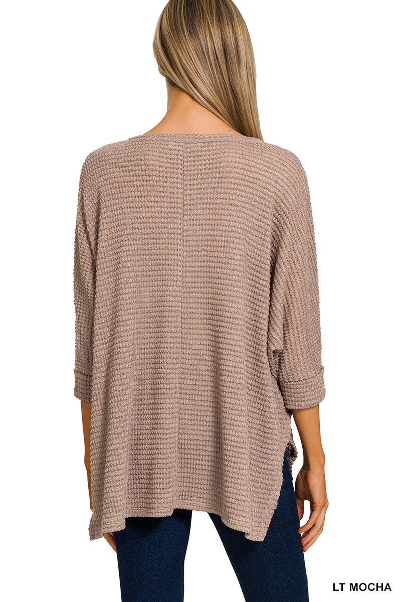 3/4 SLEEVE V-NECK HI-LOW HEM JACQUARD SWEATER