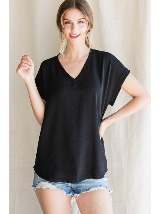 Black Solid Short Cap Sleeve Top