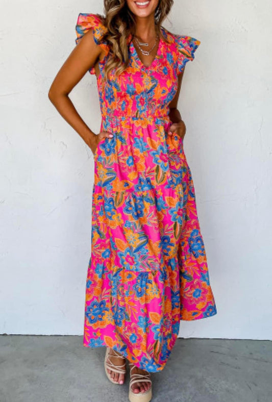 Rose Red Boho Floral V Neck Ruffle Tiered Maxi Dress