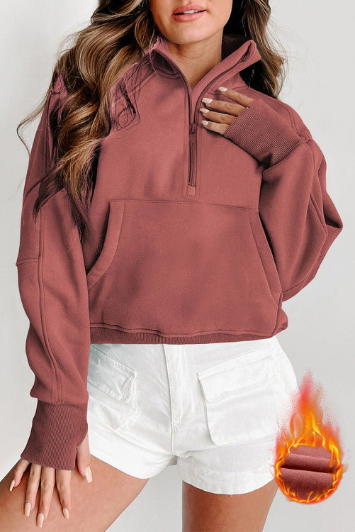 Reddish Brown Fleece Lined Zip Up Stand Collar Thumbhole Sleeve Sweatshirt