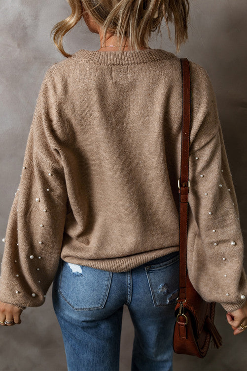 Tan Pearled Drop Shoulder Round Neck Sweater